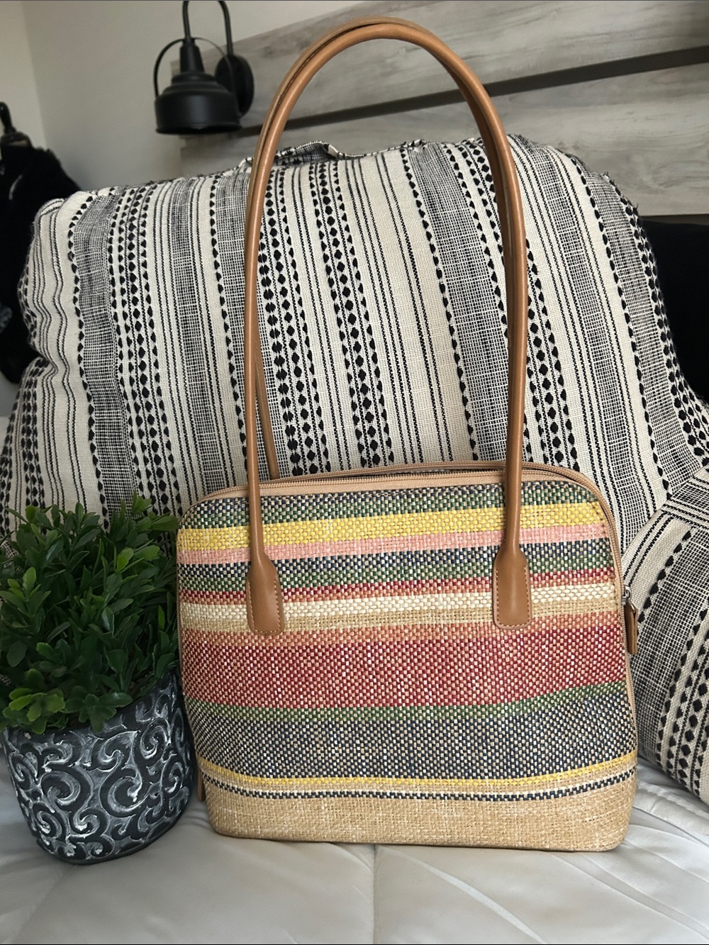 kate spade Multicolor Striped Straw Tote with Tan Handles - Picture 3 of 11
